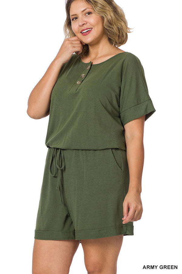 Short Sleeve Romper + Pockets - Army Green