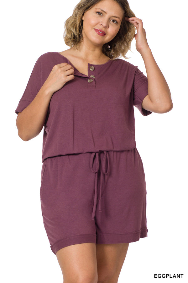 Short Sleeve Romper + Pockets - Eggplant