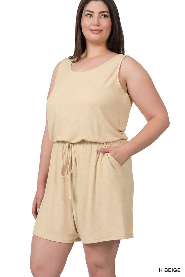 Sleeveless Romper with Pockets -H Beige