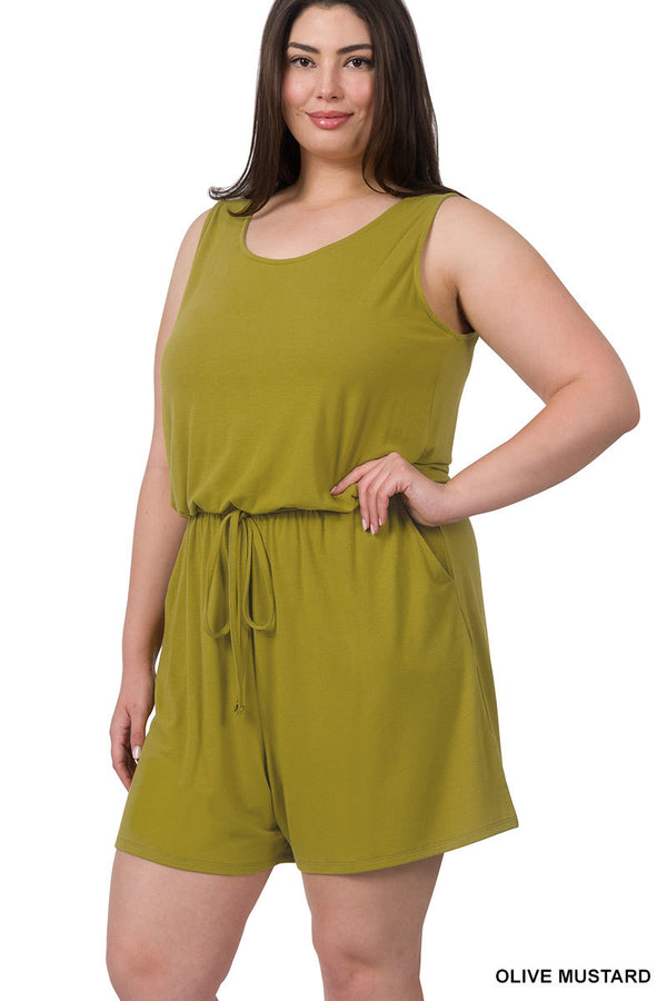 Sleeveless Romper with Pockets -Olive Mustard