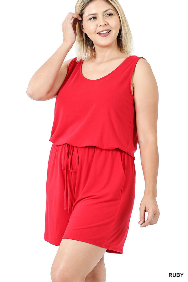 Sleeveless Romper with Pockets -Ruby