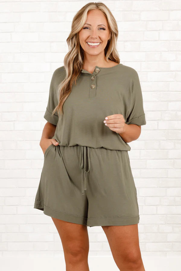 Short Sleeve Romper + Pockets - Lt Olive