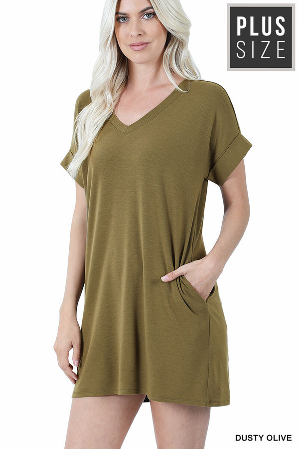 Plus Size Rolled Short Sleeve V-Neck with side Pockets